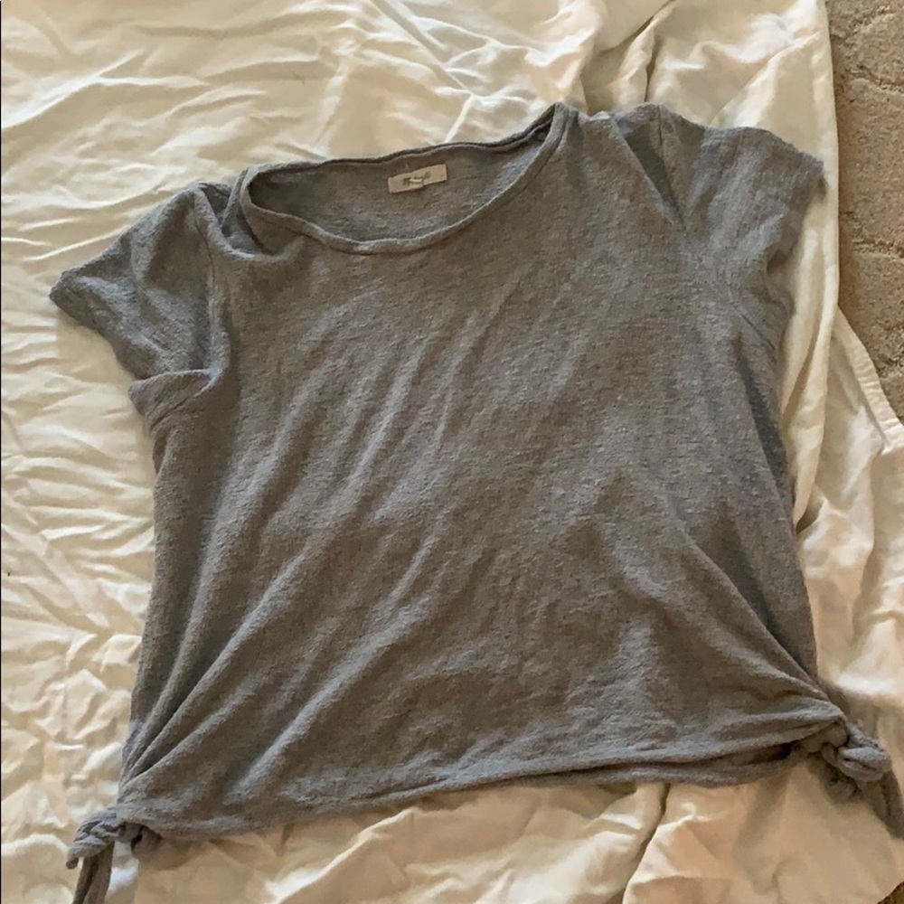 Gray madewell shirt with ties at the bottom